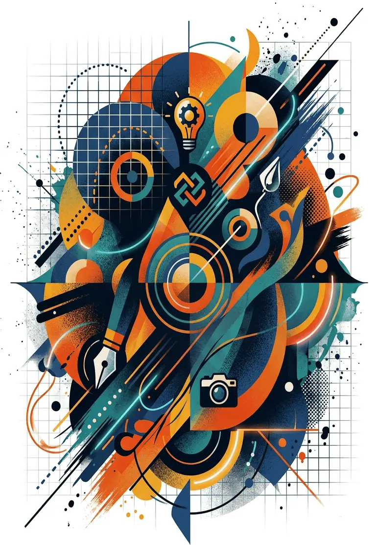 Apstraktna ilustracija koja simbolizuje grafički dizajn — geometrijski oblici, naliv-pero, fotoaparat, sijalica i mrežaste teksture u plavoj, narandžastoj i tirkiznoj boji